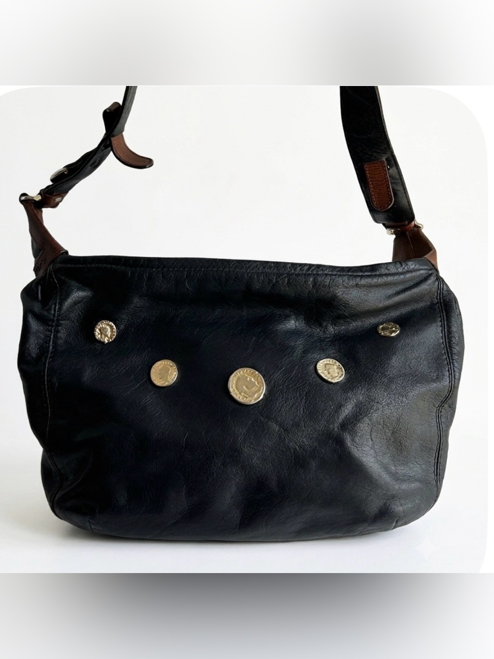Tuscans Italy Black Genuine Leather Shoulder Bag with Gold Medallions Coin
